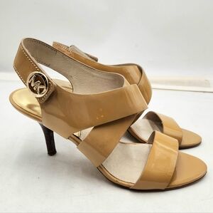 Michael Michael Kors Womens 8.5 Patent Leather Kitten Heel Sandal Camel Tan Open
